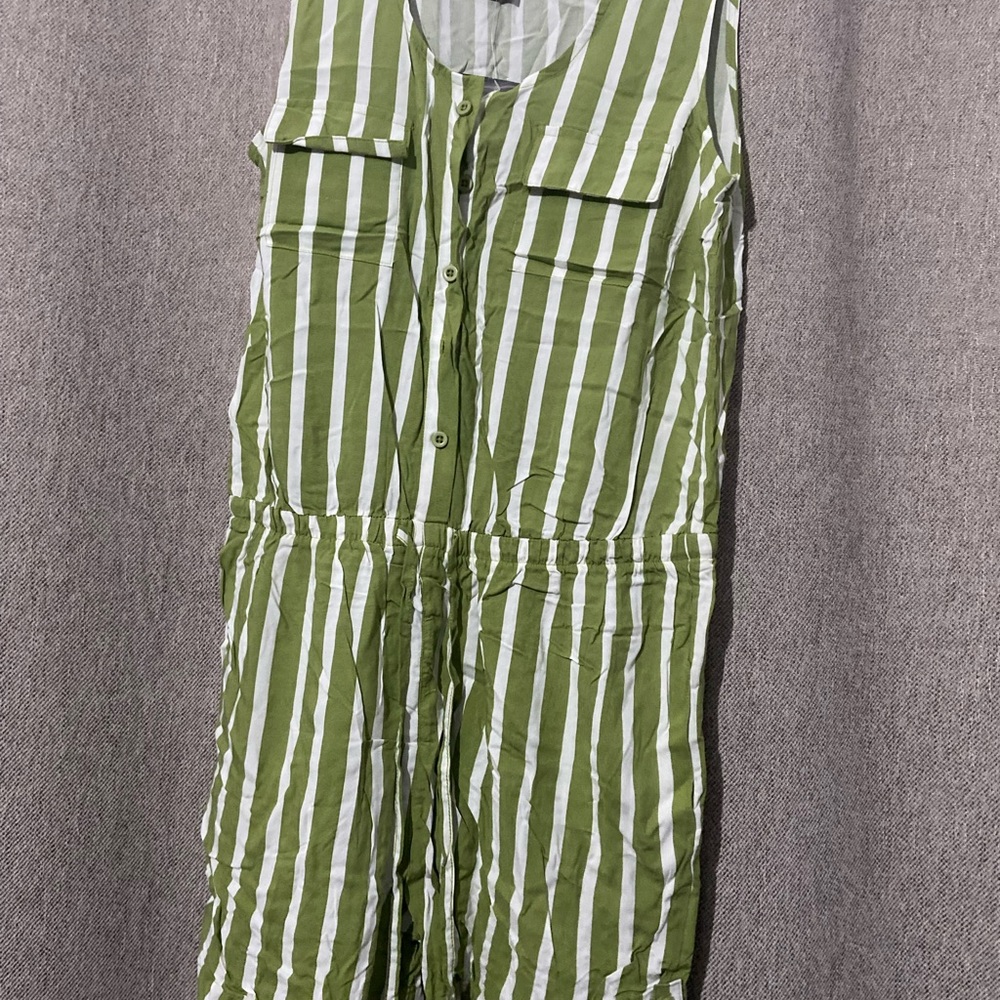 Green and White Striped Sleeveless Jumpsuit